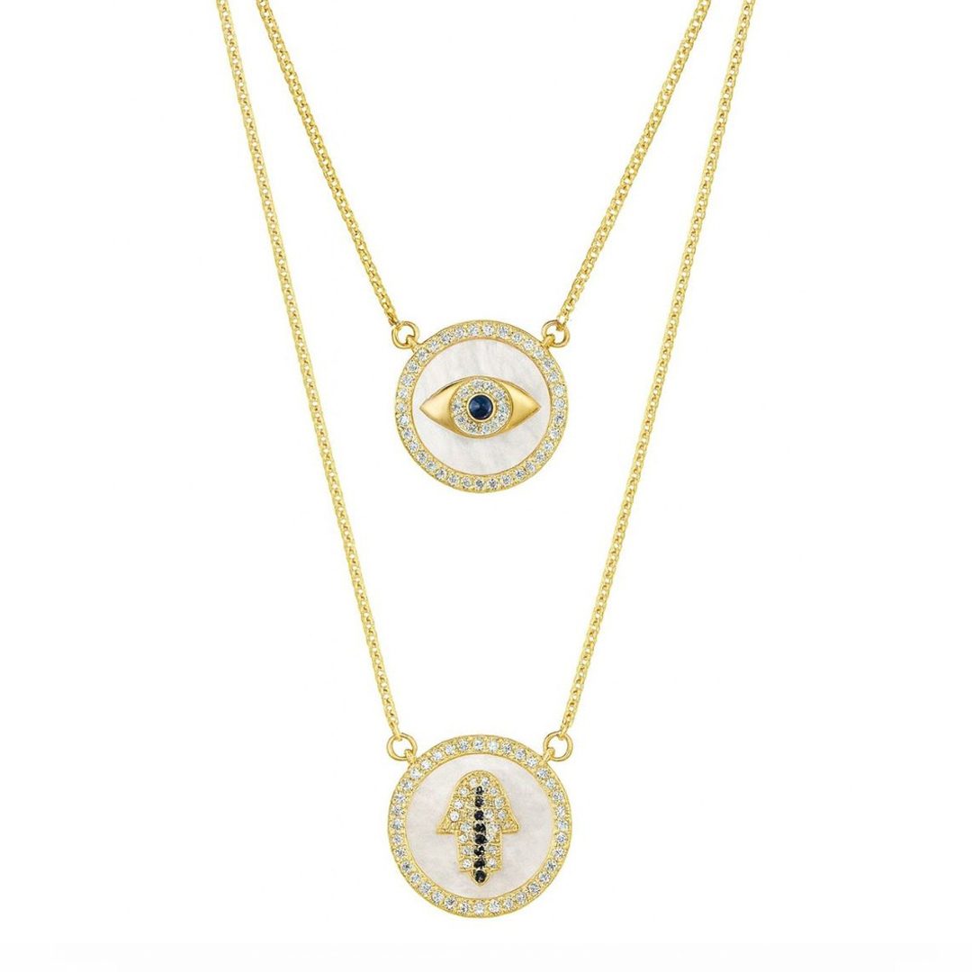 Colar Escapulario Olho Grego/Mão de fatima Cravejado Banhado em Ouro 18k