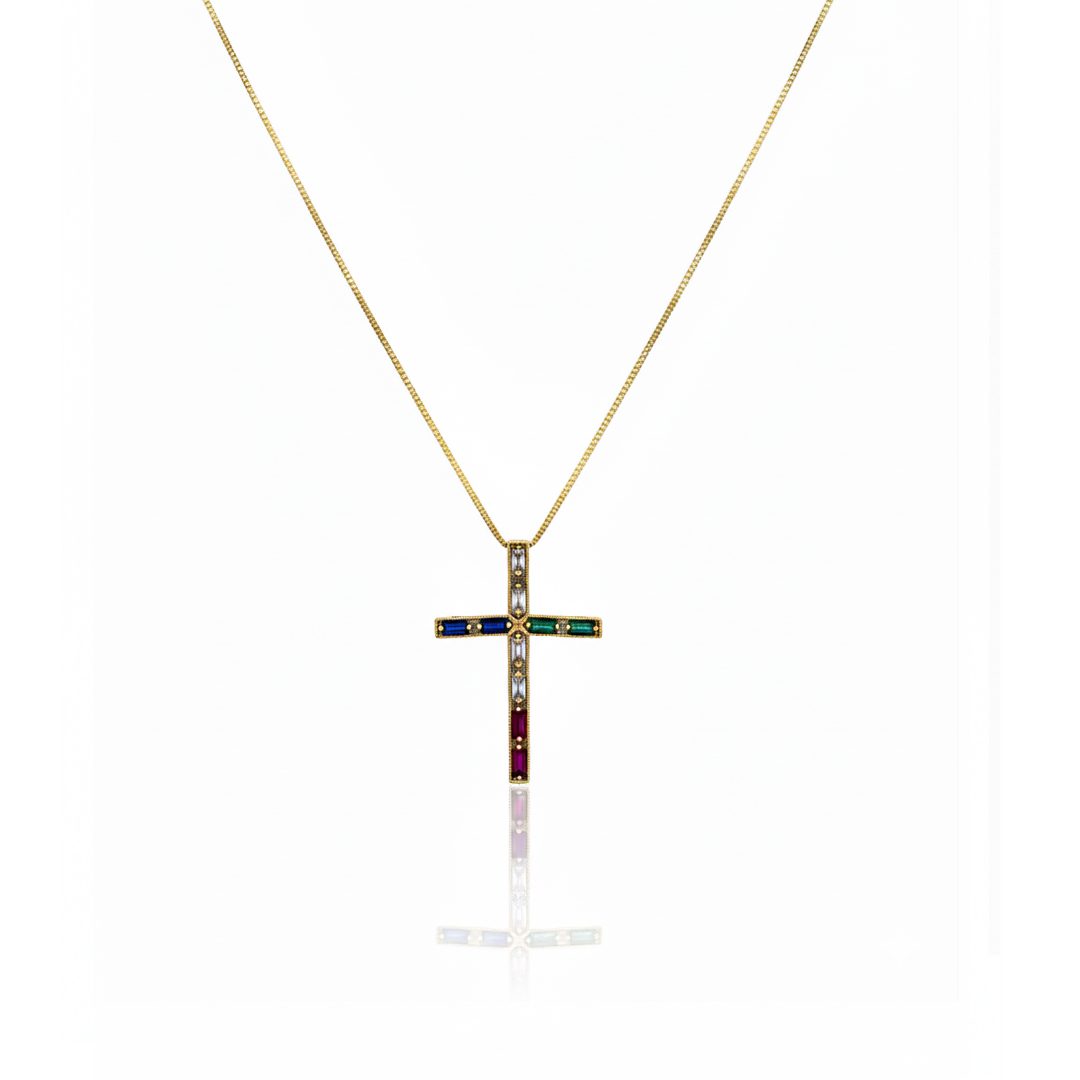 Colar (45 cm + 10 cm) Crucifixo Cravejado Banhado em Ouro 18k