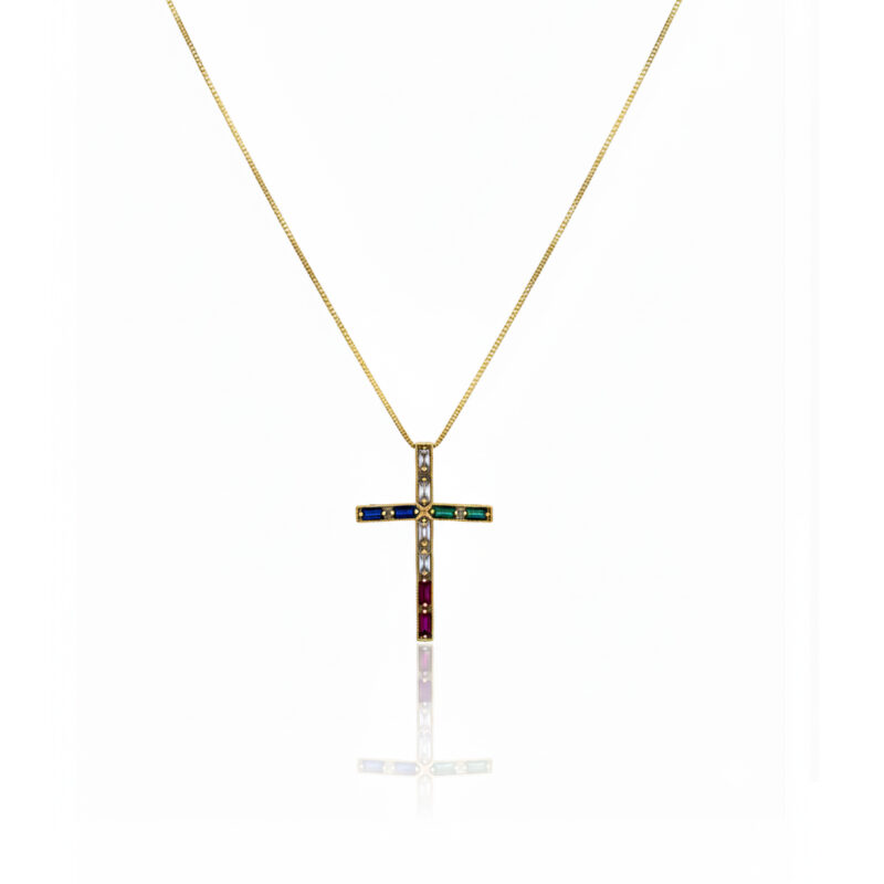 Colar (45 cm + 10 cm) Crucifixo Cravejado Banhado em Ouro 18k