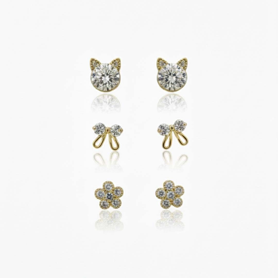 Brinco Trio Flor, Laço Cravejado Banhado em Ouro 18k