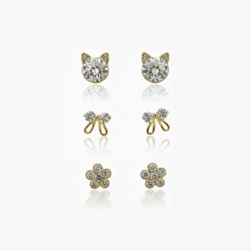 Brinco Trio Flor, Laço Cravejado Banhado em Ouro 18k