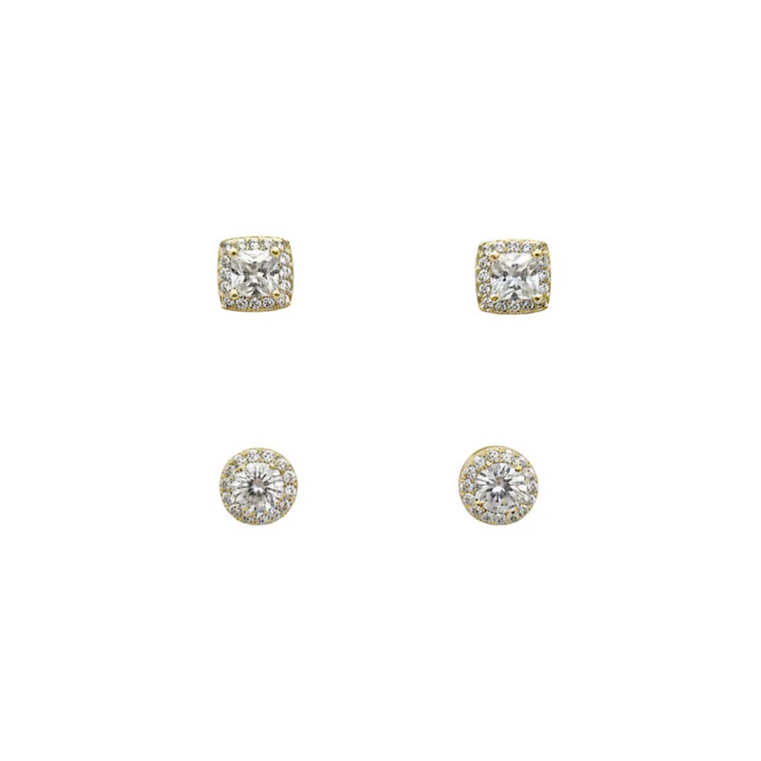 Brinco Dupla Redondo/quadrado Cravejado Banhado em Ouro 18k