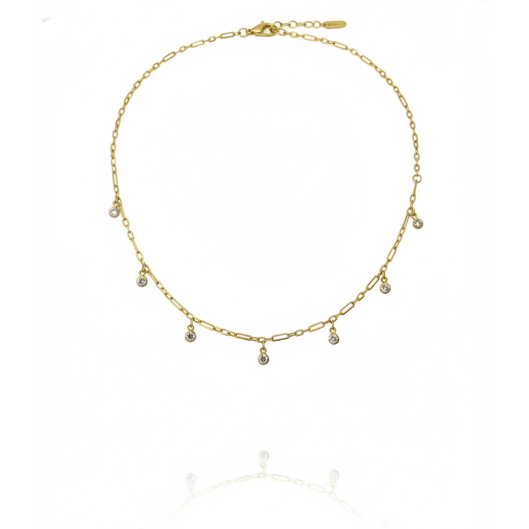 Choker(35 cm + 5 cm) Cartier Ponto de Luz Cravejado Banhado em Ouro 18k