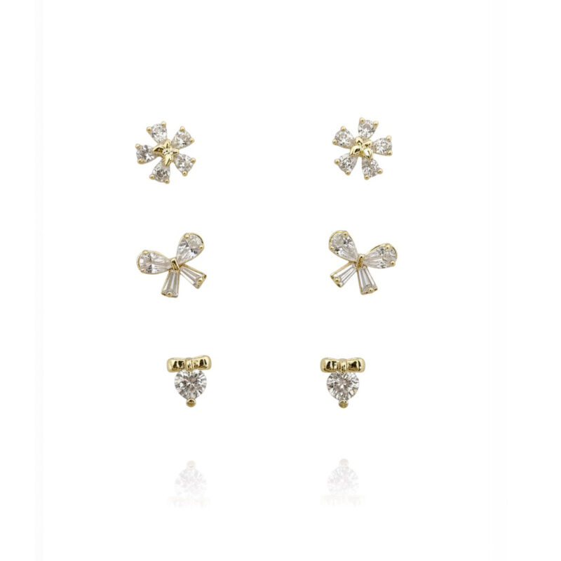 Brinco Trio Flor Laço Ponto de Luz Cravejado Banhado em Ouro 18k