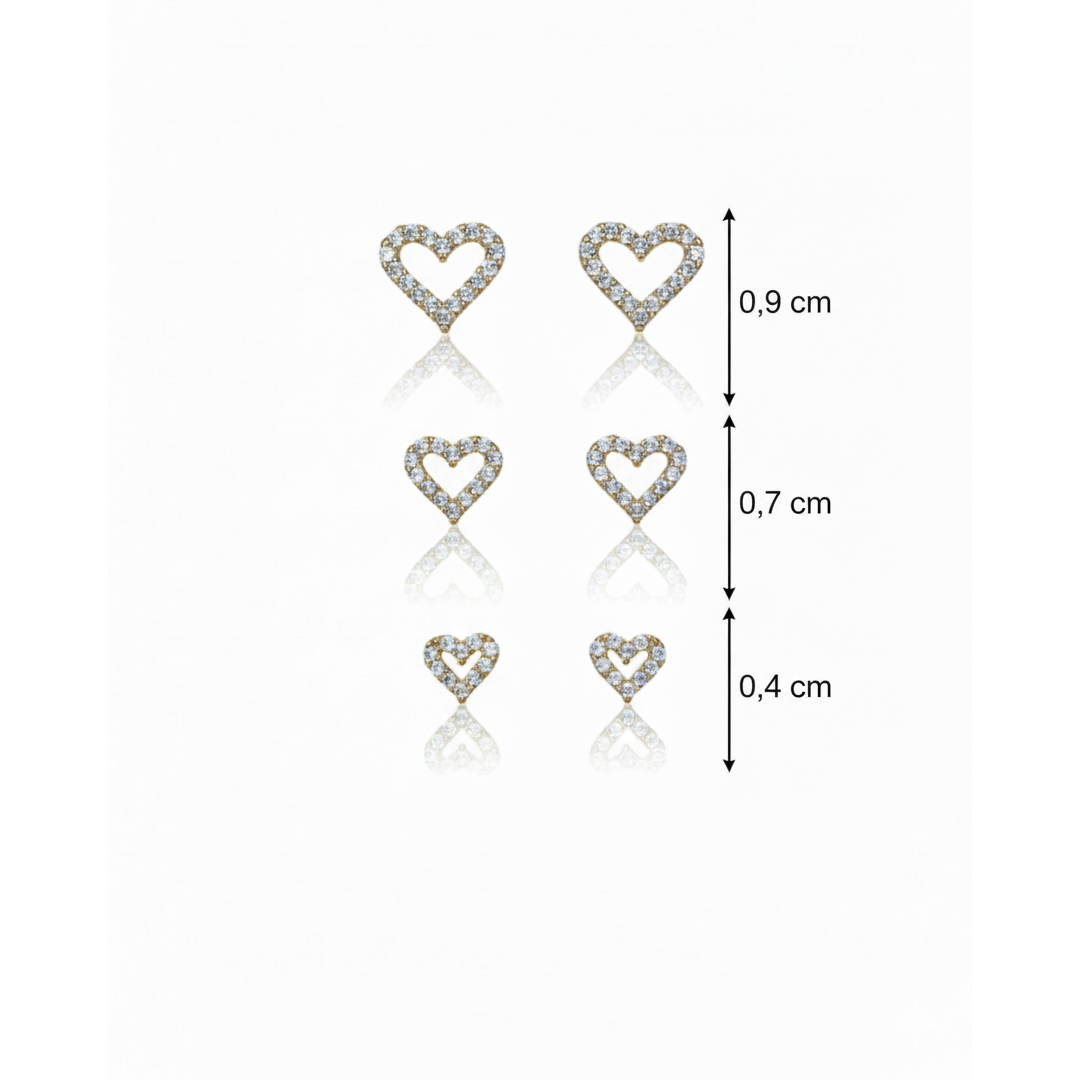 Brinco Trio Coração Vazado Cravejado banhado em Ouro 18k