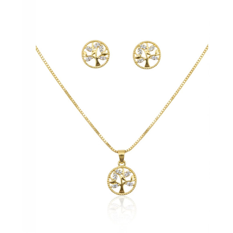 Conjunto Mandala Arvore da vida Cravejado Banhado em ouro 18k