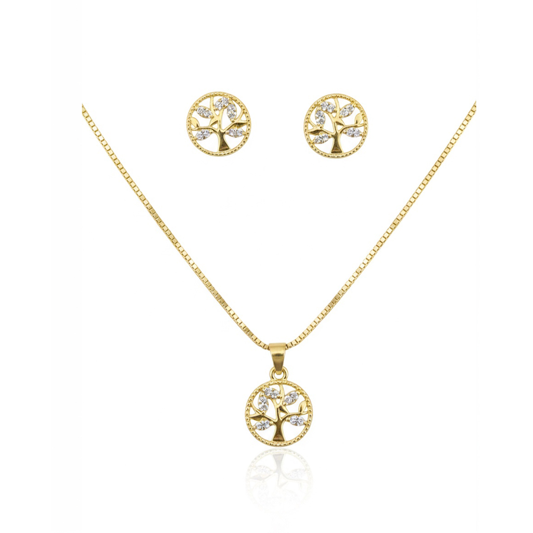 Conjunto Mandala Arvore da vida Cravejado Banhado em ouro 18k