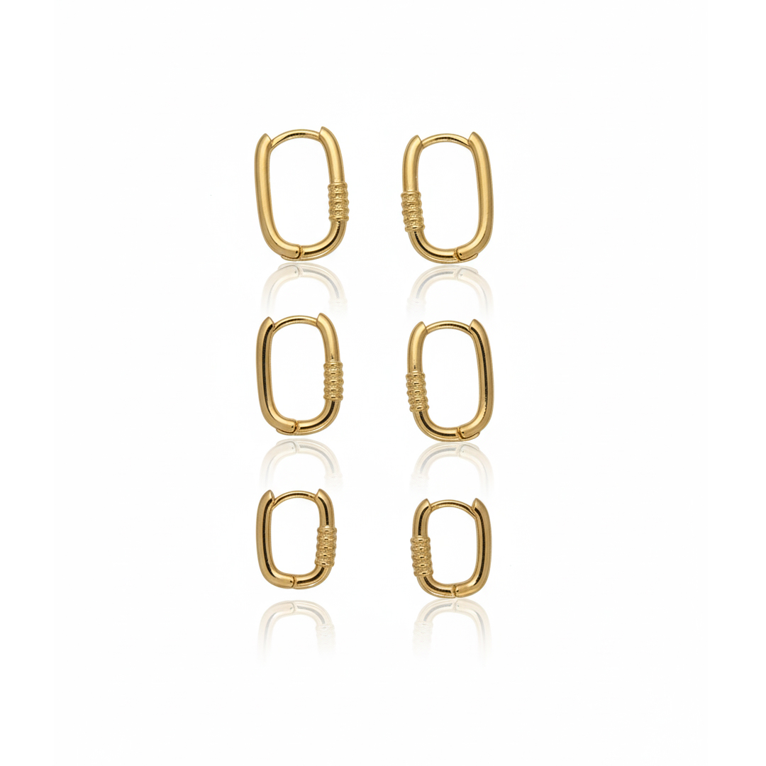 Brinco Trio Oval Trabalhado Banhado em Ouro 18k
