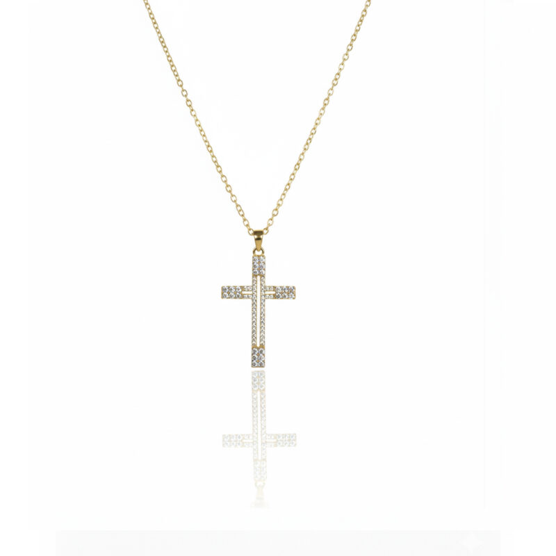 Colar (45 cm + 5 cm) Crucifixo Cravejado Banhado em Ouro 18k