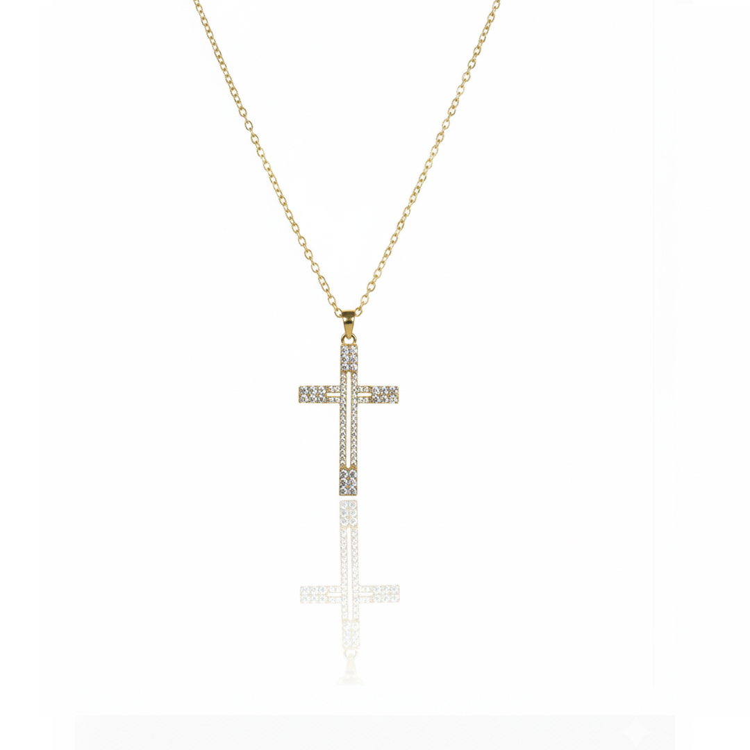 Colar (45 cm + 5 cm) Crucifixo Cravejado Banhado em Ouro 18k