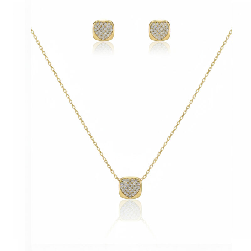 Conjunto Quadradinho Coração Cravejado Banhado em Ouro 18k