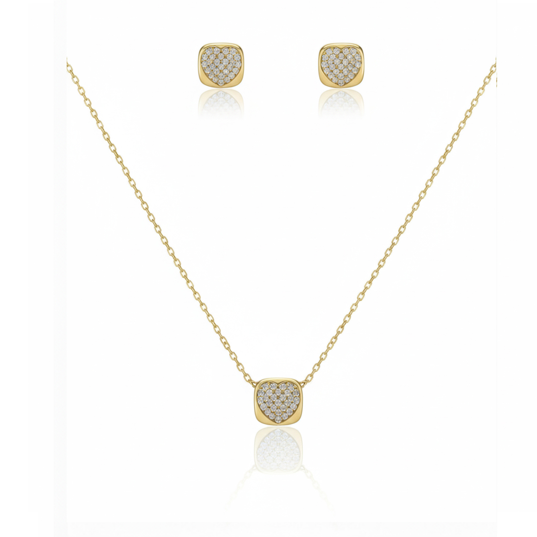 Conjunto Quadradinho Coração Cravejado Banhado em Ouro 18k
