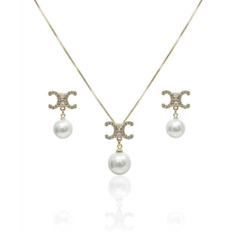 Conjunto X com Perola Cravejado Banhado em Ouro 18k
