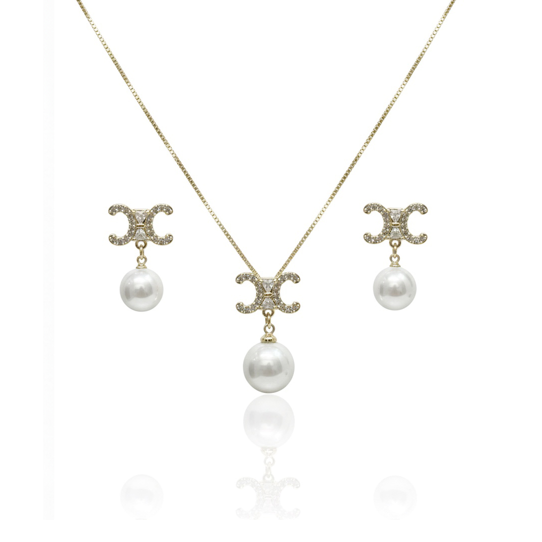 Conjunto X com Perola Cravejado Banhado em Ouro 18k