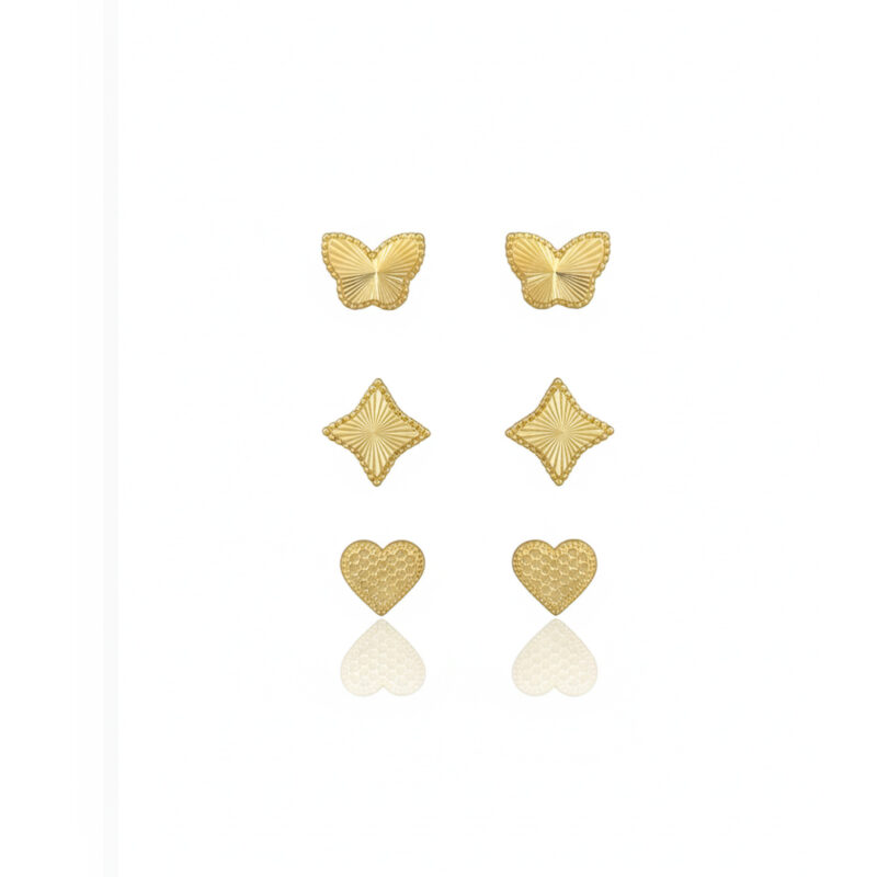Brinco Trio Borboleta Coração Banhado em Ouro 18k