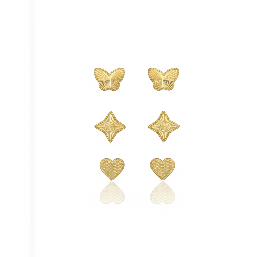 Brinco Trio Borboleta Coração Banhado em Ouro 18k