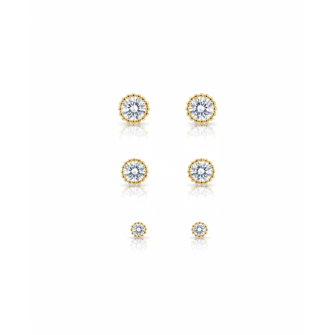 Brinco Trio Redondo Trabalhado Cravejado banhado em Ouro 18k