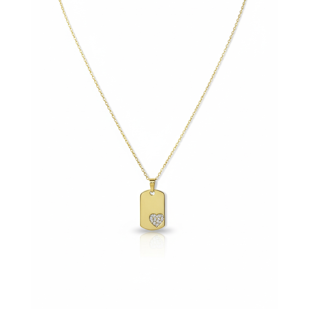 Colar Plaquinha Coração Cravejado Banhado em Ouro 18