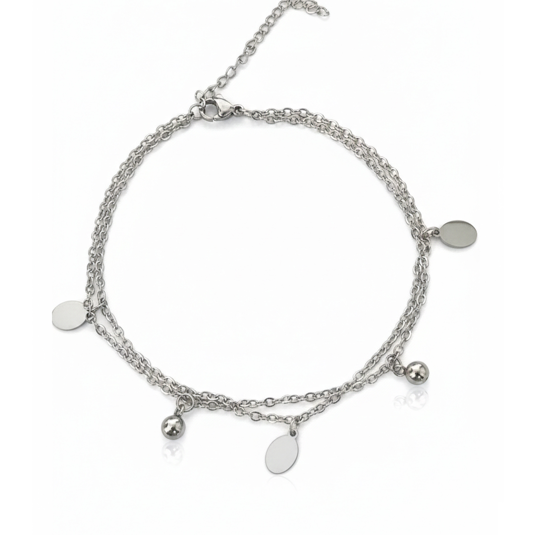 Tornozeleira Duplo Moeda Bolinha em Aço