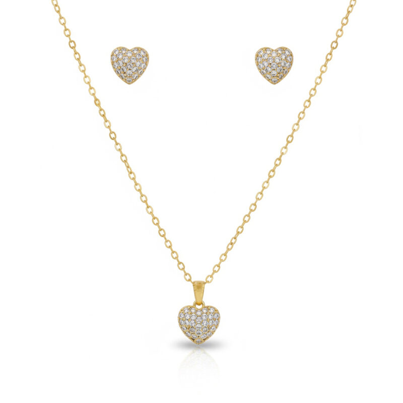 Conjunto Coração Microcravejado Banhado em Ouro 18k