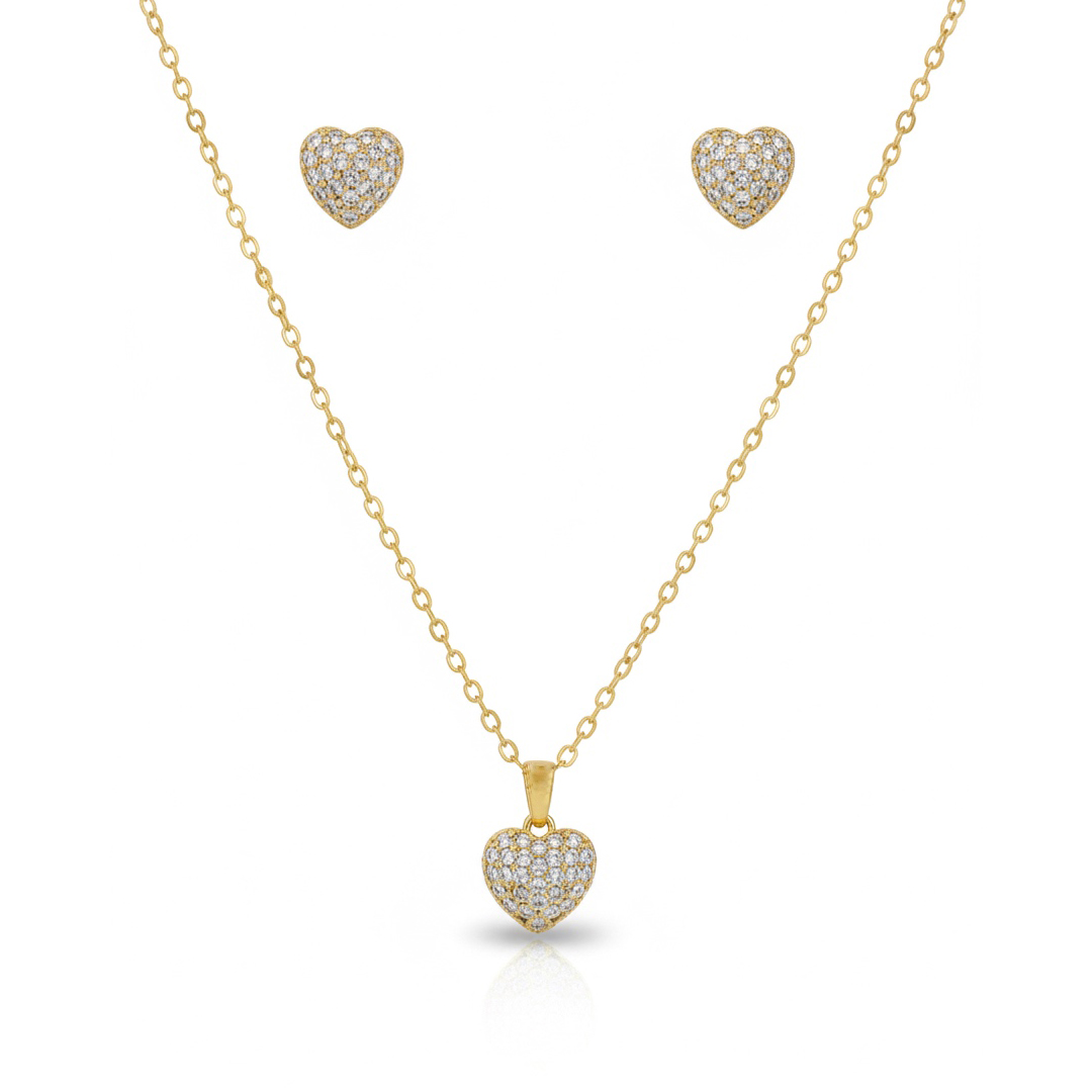 Conjunto Coração Microcravejado Banhado em Ouro 18k
