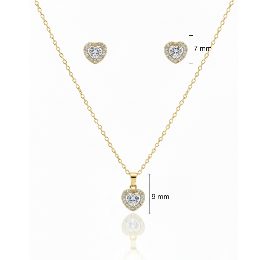Conjunto Coração Trabalhado Cravejado em Ouro 18k