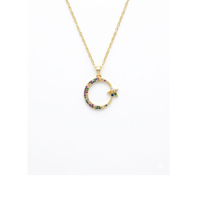 Colar Mandala Lua Estrela Cravejado Banhado em Ouro 18k
