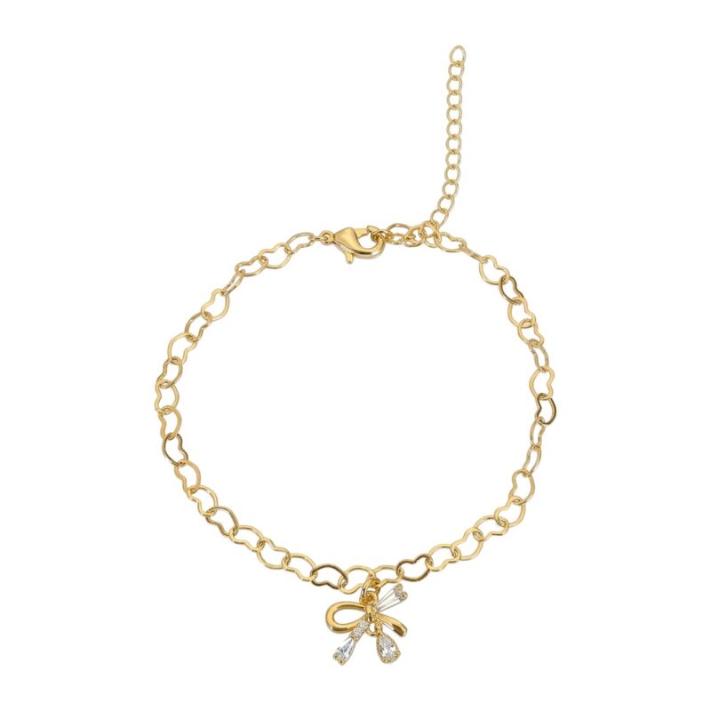 Pulseira (17 cm + 5 cm)Mini Corações Laço Cravejado Banhado em Ouro18k