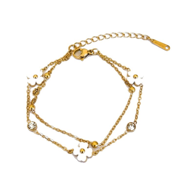 Pulseira (17 cm + 5 cm) Dupla Flor com Ponto de Luz em Aço