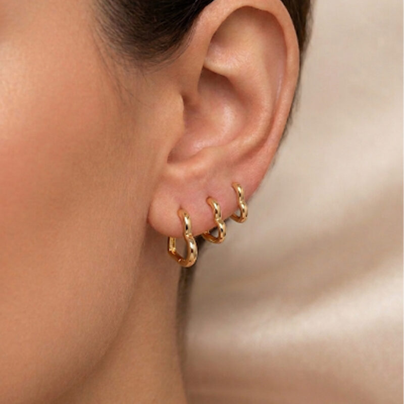 Brinco Trio de Argola Coração Liso banhado em Ouro 18K/Ródio branco