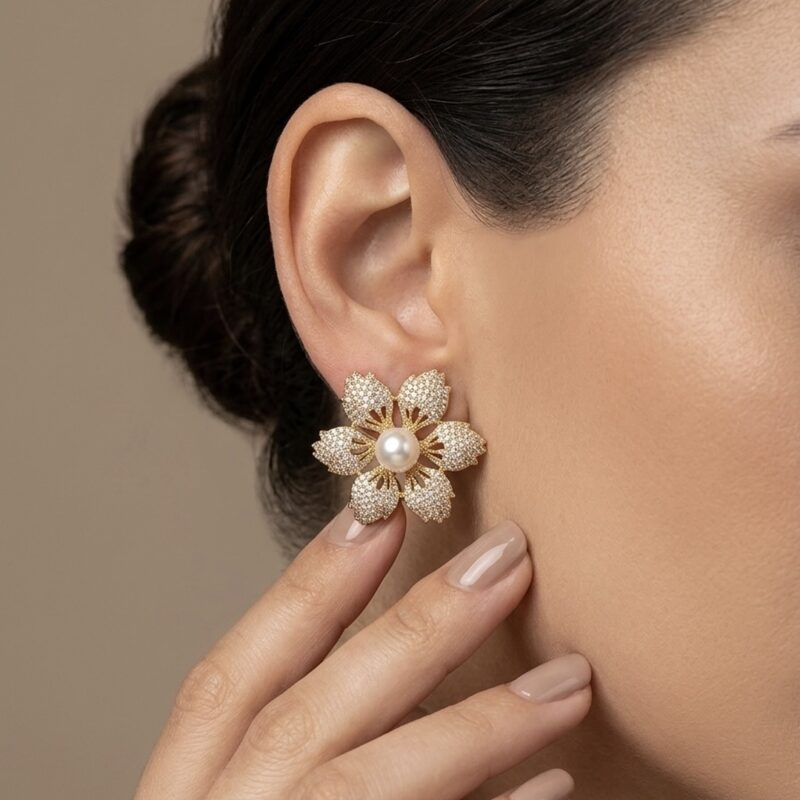 Brinco  Flor Com Pérola Cravejado Banhado em Ouro 18k