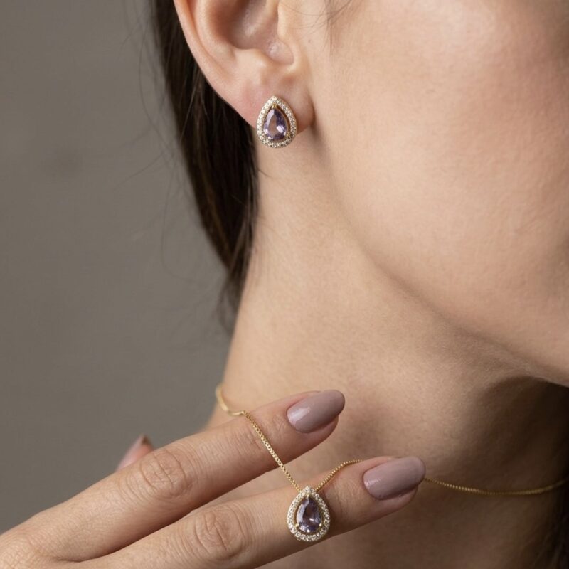 Conjunto Gota Microcravejado Banhado em Ouro 18k