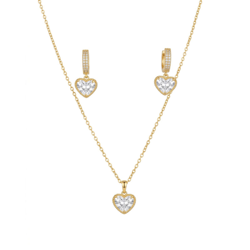 Conjunto Coração Cravejado Banhado em Ouro 18k