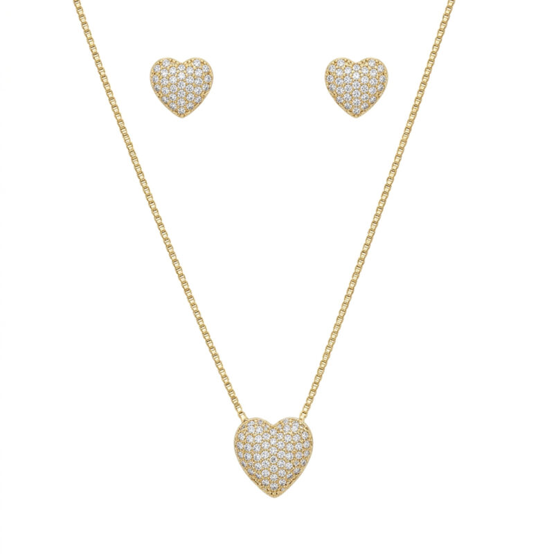 Conjunto Coração Microcravejado Banhado em Ouro 18k