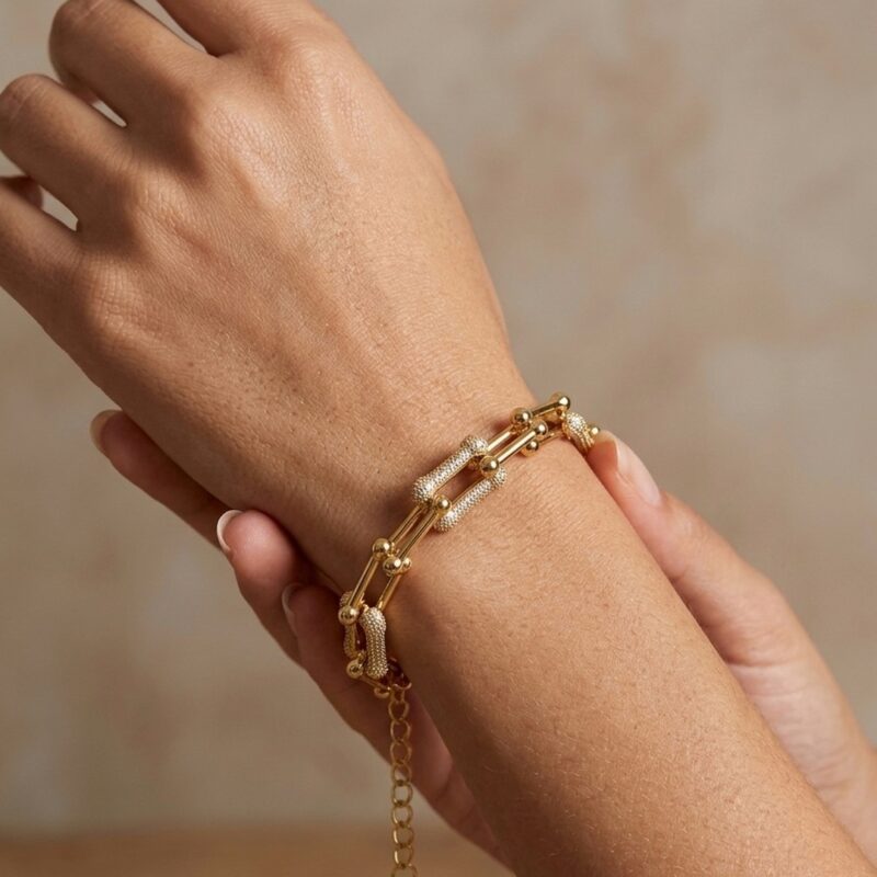 Pulseira (17 cm + 5 cm) Elo T Cravejado em Aço