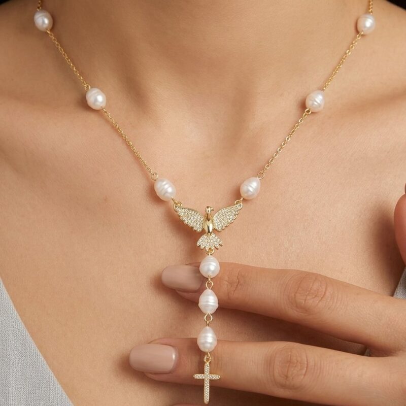Colar(45 cm + 5 cm)Perola Maroco Espirito Santo Cravejado Banhado em Ouro 18k
