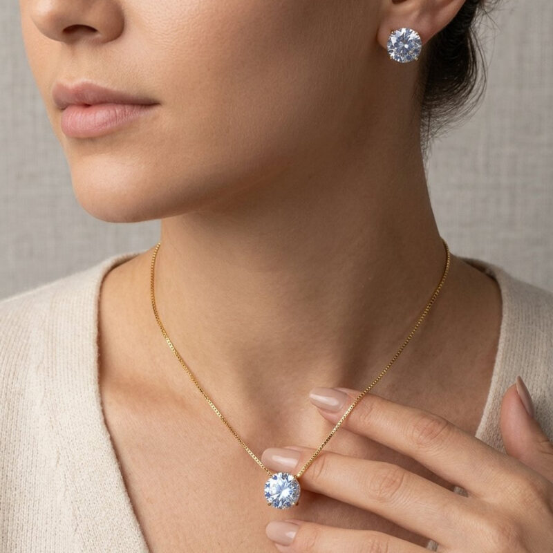 Conjunto Ponto de Luz G Cravejadso Banhado em Ouro 18k