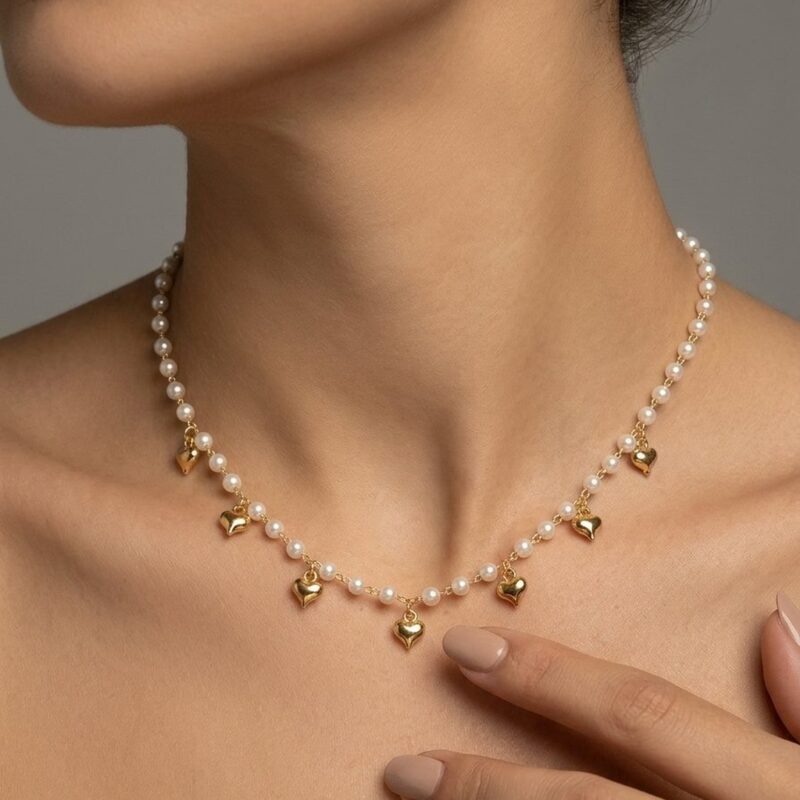 Choker(35cm + 5cm) Perola Pêndulo Coração Banhado em Ouro 18k