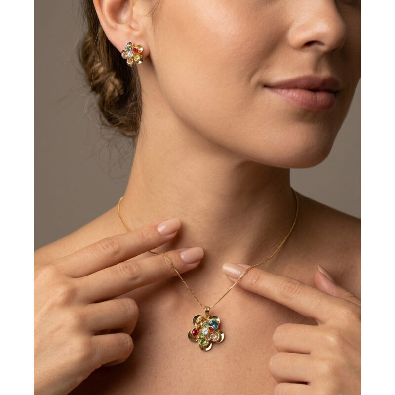 Conjunto Flor Trabalhada  Cravejado Banhado em Ouro 18k