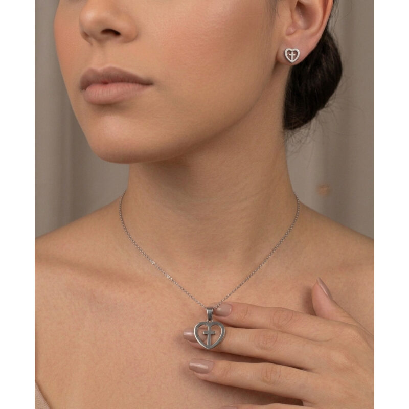 Conjunto Coração/Crucifixo em Aço