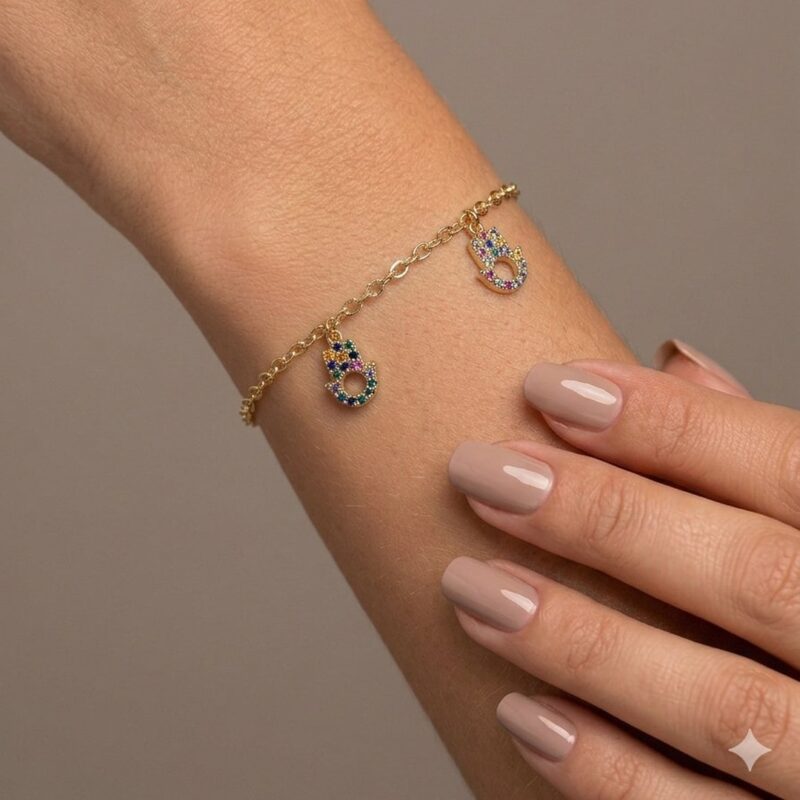 Pulseira Mão de Fatima Cravejado Banhado em Ouro 18k