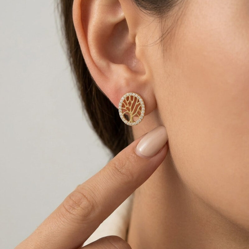 Brinco Oval  Arvore da Vida Cravejado Banhado em Ouro 18k