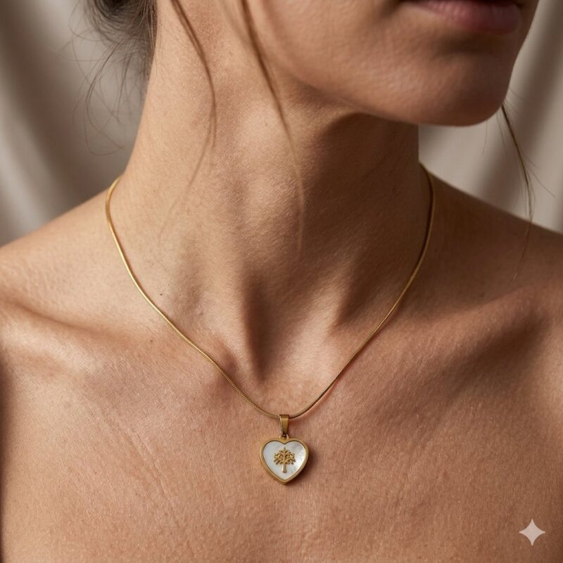 Choker(35 cm + 10 cm) Coração Arvore da Vida em Aço
