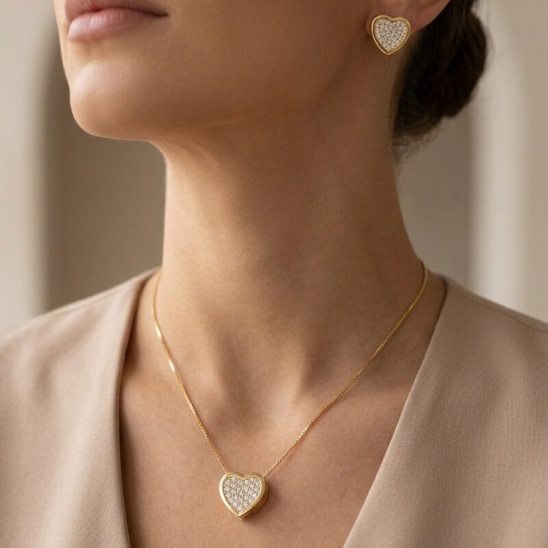 Conjunto Coração Cravejado Banhado em Ouro 18k
