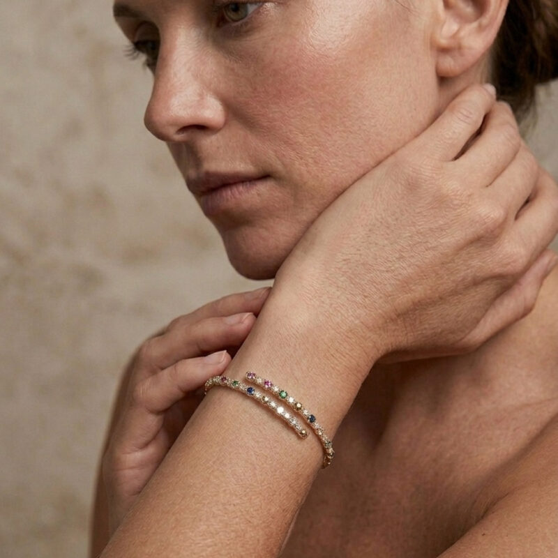 Bracelete Regulavel Esfera Trabalhada Riviera Cravejado Banhado em Ouro 18k