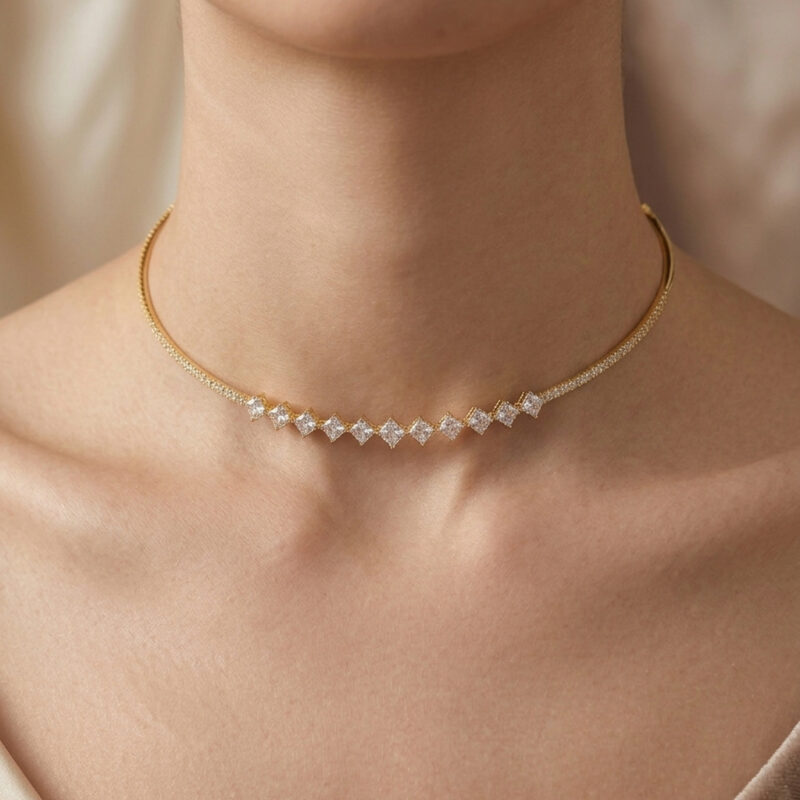 Colar Aro Riviera Hexagonal Cravejado Banhado em Ouro 18k