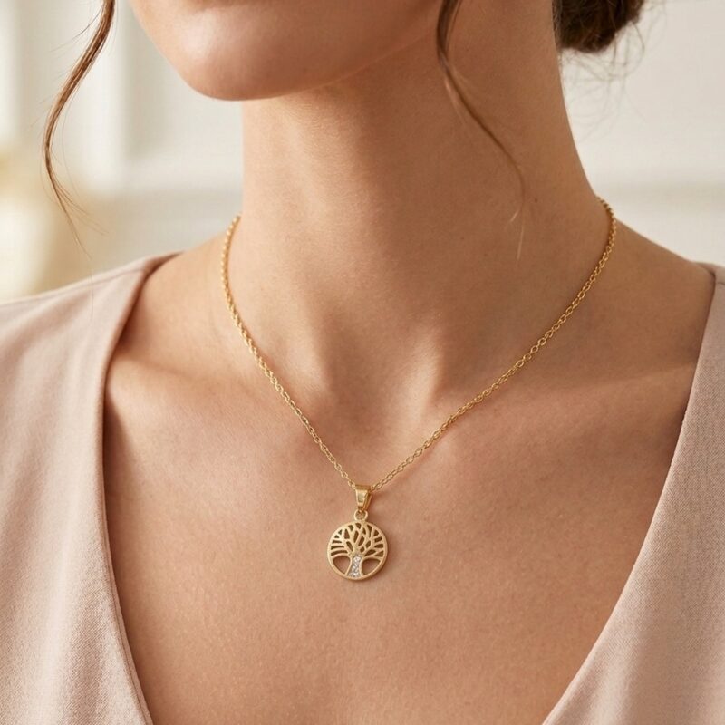 Colar mandala árvore da vida banhado ouro 18k com cravejado, comprimento 45 cm com ajuste