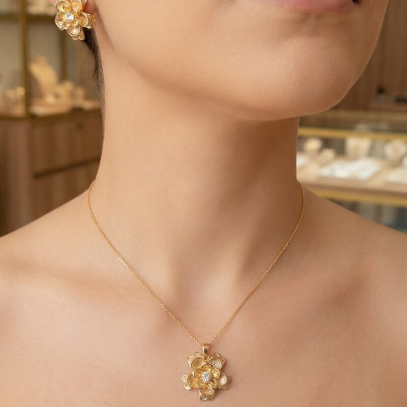Conjunto flor minimalista cravejado banhado ouro 18k premium atacado