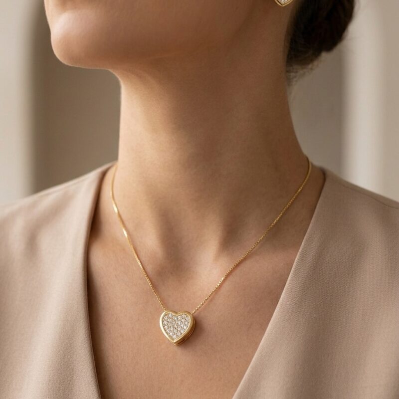 Conjunto Coração Cravejado Banhado em Ouro 18k