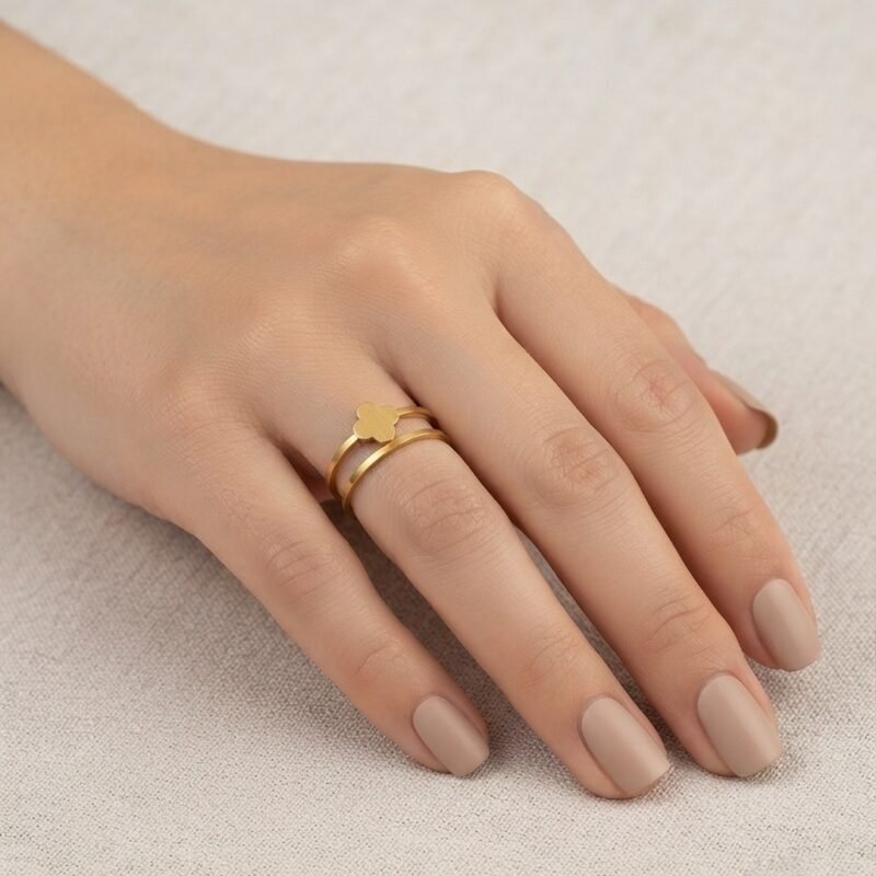 Anel duplo trevo aço banhado ouro 18k premium